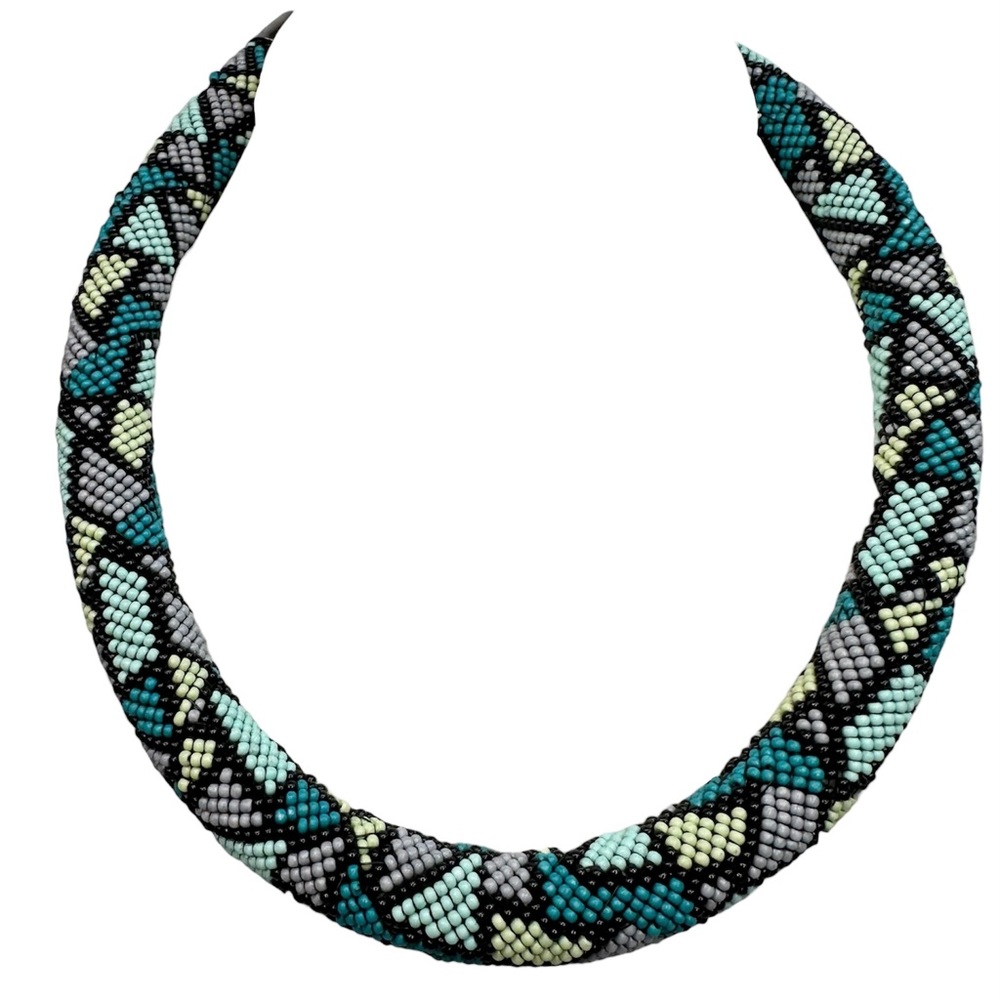 Seed Bead Geometric Design Tube Necklace Blue Tones - Picture 1 of 3